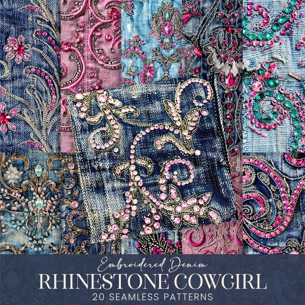 Rhinestone Cowgirl Denim Seamless Patterns, Pink Embroidered Western Scrollwork Jeans Scrapbook Paper, Rodeo Fabric Sublimation Collage Kit