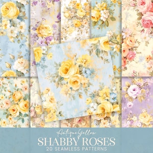 Modèles sans couture de roses jaunes, papiers de scrapbooking aquarelle floral shabby chic pastel, kit de collage par sublimation de bouquets de fleurs antiques