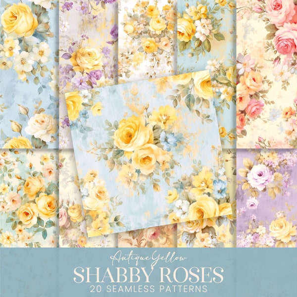 Yellow Roses Seamless Patterns, Pastel Shabby Chic Watercolor Florals Scrapbook Papers, Antique Flower Bouquets Sublimation Collage Kit