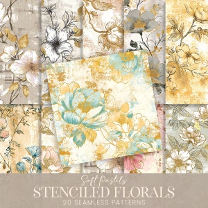 Pastel stenciled bloemen naadloze patronen, noodlijdende Linosnede bloemen scrapbook papier, vintage bloesems sublimatie, afdrukbare stof