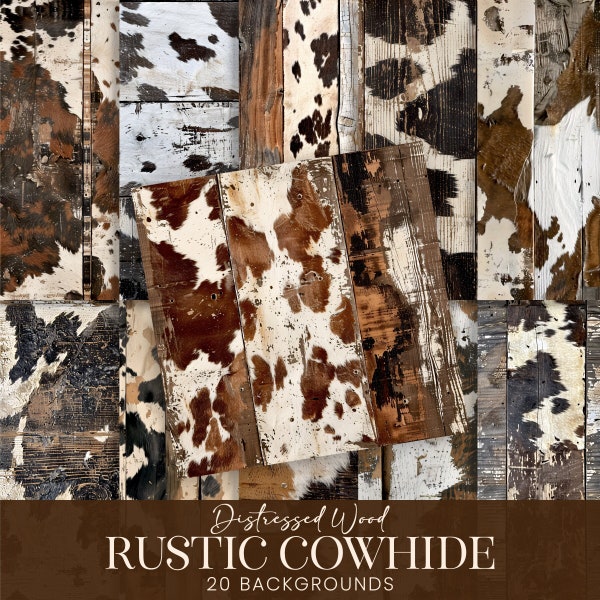 Cowhide Print Barn Wood Backgrounds, Rustic Distressed Wooden Sign Printable Scrapbook Papers, Western Cowgirl Decor Sublimation Collage Kit