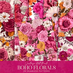 Papeles digitales florales de otoño rosa intenso vintage, flores de otoño boho patrones sin costuras para sublimación, fondos botánicos ilustrados