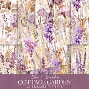 May include: A set of 20 seamless digital paper patterns featuring watercolor illustrations of lilac and lavender flowers in shades of purple, pink, and brown. The patterns are perfect for crafting, scrapbooking, and digital design projects.