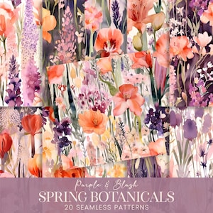 May include: A set of 20 seamless digital patterns featuring watercolor illustrations of spring flowers in shades of purple and blush. The patterns include various floral designs, such as delicate blossoms, lush greenery, and graceful stems.