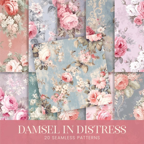 Floral Damask Seamless Patterns, Distressed Grunge Feminine Flowers Digital Papers, Journal Planner Sublimation Scrapbook Backgrounds