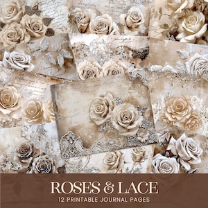 Rosas en páginas de diario basura de encaje, papel digital de cristal desgastado vintage, kit de fondo de álbum de recortes imprimible de boda grunge francés antiguo