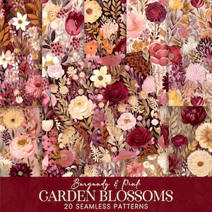 Padrões sem emenda de flores de jardim, papéis de scrapbook florais aquarela rosa borgonha, fundos de sublimação imprimíveis de plantas marrons