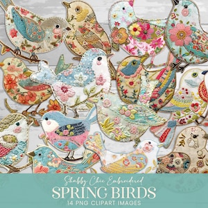 Gestickte Frühling Vögel Clipart, süße Pastell Mixed Media Scrapbook Verzierungen, druckbare PNG Junk Journal Collage Art Kit