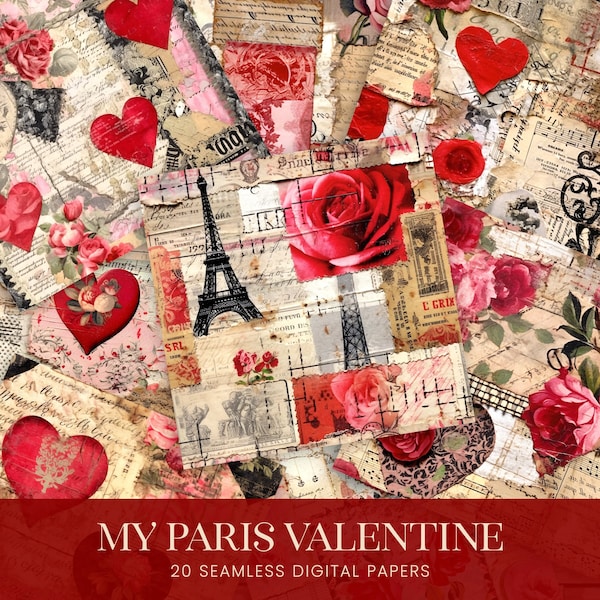 Paris Valentine Collage Seamless Patterns, French Love Distressed Junk Journal Digital Papers, Scarlet Scrapbook Planner Photo Backgrounds