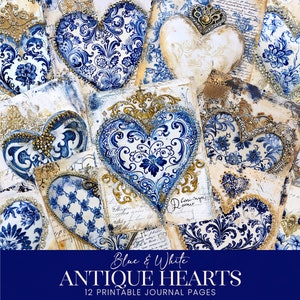 Antike Herzen Junk Journal Seiten, Vintage Valentinstag Digitale Papiere, Blau Weiß Emaille Scrapbook Hintergrund, Collage Art Kit