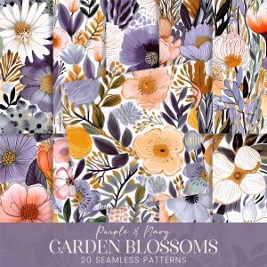 Lila Gartenblüten Musterdesign, niedliche Navy Pfirsich Aquarell Blumen Scrapbook-Papiere, Botanicals Printable Sublimationshintergründe