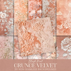 Padrões de textura de veludo grunge, papéis de scrapbook florais rosa blush, tecido rosa pastel angustiado, fundos imprimíveis, kit de arte de colagem