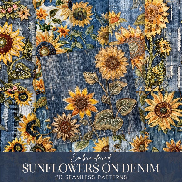 Yellow Sunflowers on Denim Seamless Patterns, Embroidered Western Florals on Jeans Scrapbook Papers, Country Floral Sublimation Graphic Art