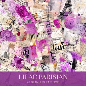Könnte beinhalten: Eine digitale Collage aus Vintage-Bildern zum Thema Paris, darunter der Eiffelturm, Blumen und Text auf Französisch. Die Collage ist in den Farben Rosa, Lila und Weiß gehalten.