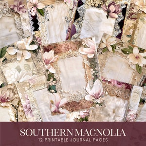 Burgundowa Magnolia Junk Journal Writing Pages, Blush Floral Dyed Linen Toile Fabric Book Cover, Lace Pearl Satin Printable Diary Paper Frames