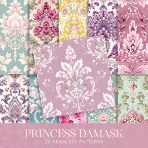 Pastel damast naadloze patronen, roze prinses parels plakboekpapier, aquarel vrouwelijke Franse afdrukbare behang sublimatie collage