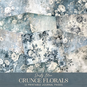 Dusty Blue Floral Junk Journal Seiten, Navy Vintage Grunge Blumen Spitze Digitale Papiere, Antike Gedämpfte Pflanzen druckbare Scrapbook Collage