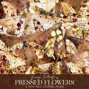 Páginas de diário de lixo de borboleta, papel digital EcoPrint angustiado de flores secas e prensadas, kit de colagem de fundo de álbum de recortes imprimível Grunge Boho