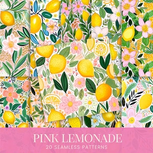 Niedliche Sommer Zitronen Nahtlose Muster, Pink Limonade Floral Scrapbook Papiere, Obst Botanicals Printable Fabric Sublimation Collage Art Kit