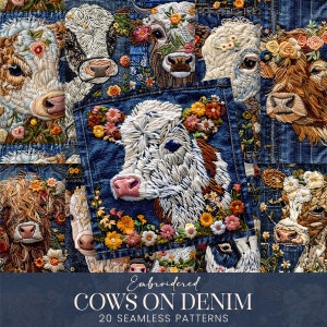 May include: A collection of 20 embroidered cow designs on denim fabric. The designs feature various cow poses and floral accents. The text "Embroidered Cows on Denim 20 Seamless Patterns" is displayed at the bottom of the image.