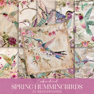 Colibri printanier, motifs sans couture, oiseaux brodés rose poudré, papiers de scrapbooking imprimables, toile cousue, technique mixte, sublimation