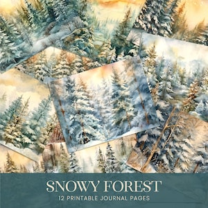 Pagine di diario spazzatura foresta innevata, paesaggi invernali sempreverdi documenti digitali, scene di alberi di pino di Natale Sfondi stampabili per album