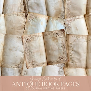 May include: 20 antique book pages with grunge embroidered borders. These vintage style pages are perfect for journaling, scrapbooking, or crafting.