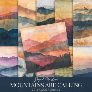 Puede incluir: Un conjunto de 20 fondos digitales que presentan paisajes de montaña de estilo acuarela en varios tonos de azul, morado, naranja y rojo. El texto "Dyed Muslin Mountains Are Calling" está en la parte inferior de la imagen.