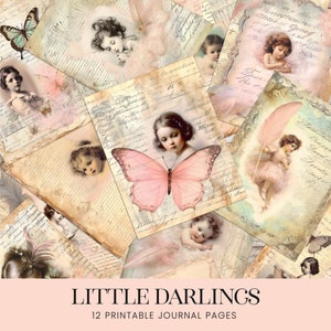 Petites filles en pages de carnet rose, Photos de fille vintage papier numérique éphémère, fond de scrapbooking cartes anciennes, collage imprimable