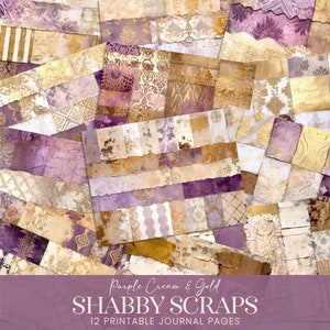 Rebuts de journal indésirable, papier numérique minable violet crème doré, pages d'échantillons de papier peint grunge lilas, arrière-plan du kit de collage scrapbooking imprimable