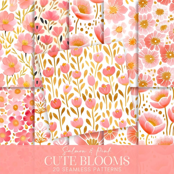 Salmon Pink Floral Seamless Patterns, Blush Peach Watercolor Flowers Scrapbook Paper, Surface Pattern Blossoms, Printable Fabric Backgrounds