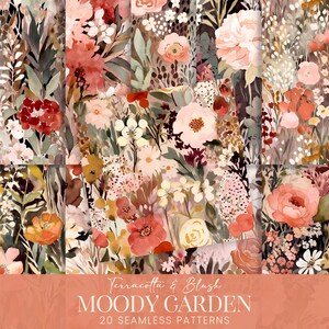 May include: A set of 20 digital seamless patterns featuring watercolor floral designs in shades of terracotta, blush, and green. The patterns are titled "Terracotta & Blush Moody Garden".