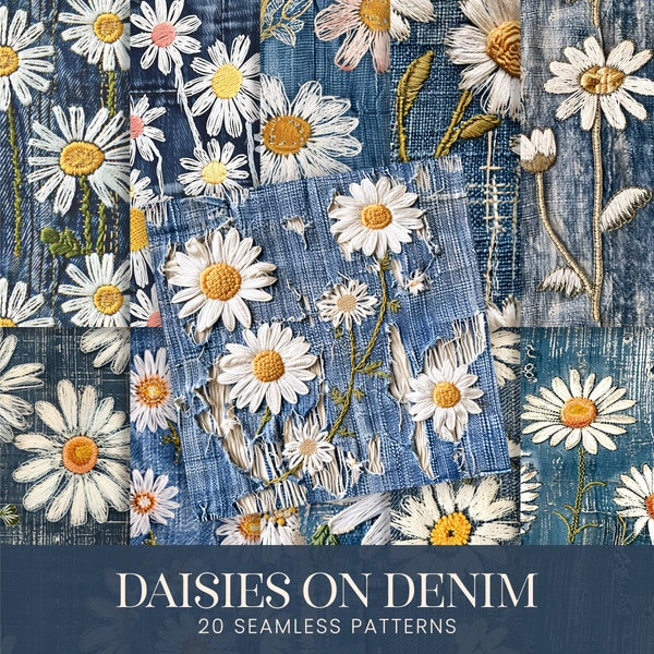 Daisy Flowers on Denim Seamless Patterns, Distressed Denim Fabric Scrapbook Papers, Grunge Country Western Floral Printable Backgrounds