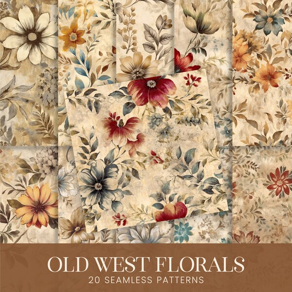 Distressed Western Floral Seamless Patterns, Rustic Old Grunge Digital Papers, Watercolor Journal Planner Sublimation Scrapbook Backgrounds