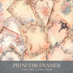 May include: Twelve printable journal pages featuring ornate frames with floral designs in shades of pink, blue, and gray. The pages have a vintage aesthetic and are perfect for scrapbooking, journaling, or adding a touch of elegance to your projects.