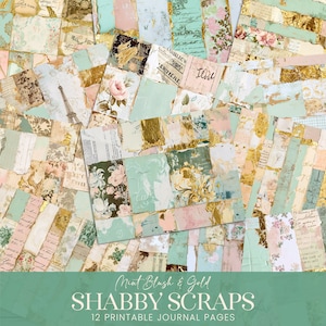 Rebuts de carnet rose menthe, Papiers numériques défraîchis feuille d'or, Pages d'échantillons de papier peint grunge, Arrière-plans de kit de collage scrapbooking imprimable