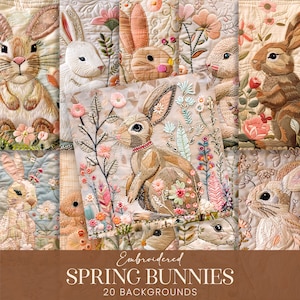 Frühlingshasen druckbare Hintergründe, niedliche bestickte Blumenstoff-Scrapbook-Papiere, genähte Osterkaninchen Mixed Media Sublimationskunst