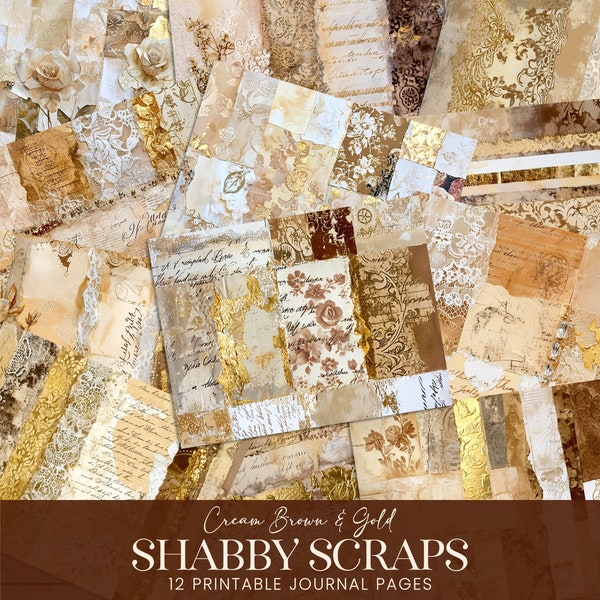 Cream Brown Junk Journal Scraps, Gold Leaf Shabby Digital Papers, Grunge Wallpaper Swatch Pages, Printable Scrapbook Collage Kit Backgrounds