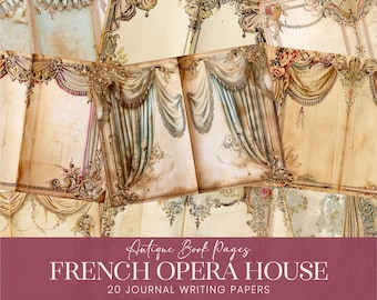May include: 20 printable journal pages featuring antique book pages with ornate gold frames and illustrations of curtains and drapery. The pages are perfect for scrapbooking, journaling, and other paper crafts.  Antique Book Pages French Opera House 20 Journal Writing Papers