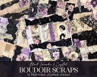 Boudoir Chic Pattern Sampler Junk Journal Pages, Black Lace Lavender Scrapbook Papers, Purple Florals Printable Backgrounds, Collage Art Kit
