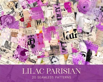 Lilac Paris Collage Seamless Patterns, Distressed French Junk Journal Digital Papers, Purple Magenta Scrapbook Planner Photo Backgrounds JPG