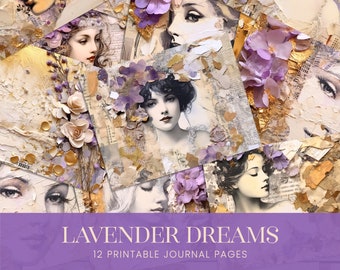 Lavender Dreams Mixed Media Junk Journal Pages, Purple Gold Florals Digital Papers, Grunge Lilac Flowers Scrapbook Printable Backgrounds