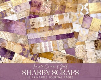 Junk Journal Scraps, Purple Cream Gold Shabby Digital Paper, Lilac Grunge Wallpaper Swatch Pages, Printable Scrapbook Collage Kit Background