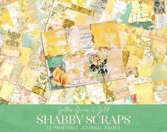 May include: A digital collage of 12 printable journal pages featuring yellow, green, and gold colors. The pages have a distressed, vintage look with floral patterns, handwritten text, and torn edges. The text "Yellow Green & Gold Shabby Scraps 12 Printable Journal Pages" is at the bottom of the image.