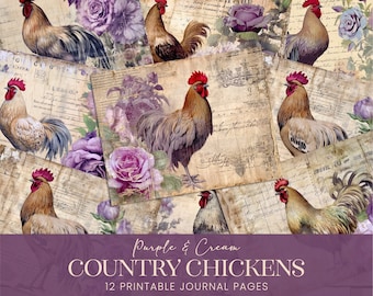 Purple Country Chickens Junk Journal Pages, Lilac Grunge Distressed Digital Papers, Antique Floral Botanical Printable Scrapbook Collage Kit