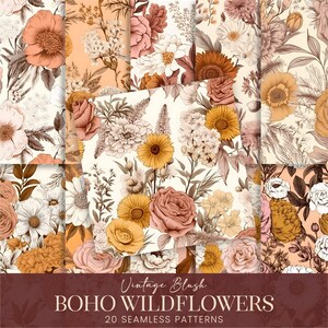 Vintage Boho Wildblumen Digital Papier, Retro illustrierte Florale Nahtlose Muster, Antike Blumen druckbarer Hintergrund, kommerzielle Nutzung POD
