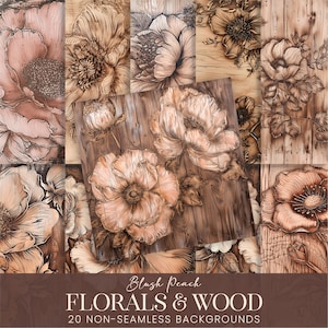 Patrones florales de madera quemada, papeles de álbum de recortes de flores pirográficas de melocotón rubor, fondos de sublimación de collage imprimibles grabados en rosa polvoriento