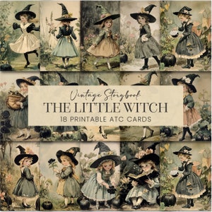 Vintage Little Witch ATC Cards, pagine di mini diario di streghe di libri di fiabe, sfondi di album di ritagli stampabili di antiche fiabe Wiccan Girl