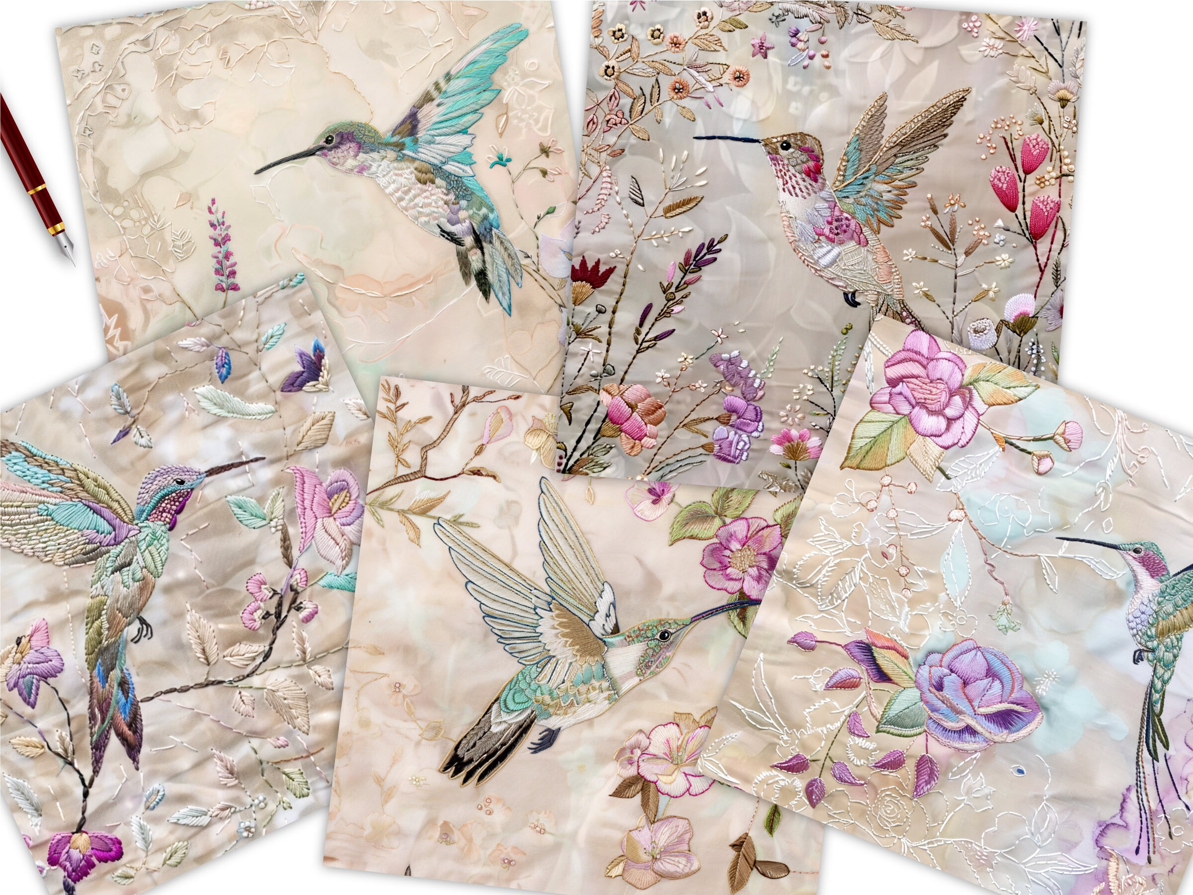 Hummingbird Printable Designs Spring Hummingbirds Seamless Patterns, Blush Embroidered Birds Fabric ...