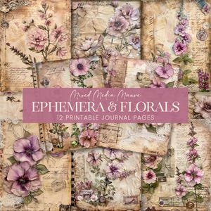 Páginas de diario con efímeras y flores en malva, papel de álbum de recortes con letras mixtas en rosa pastel, sellos de pergamino con encaje vintage y fondos para diario.